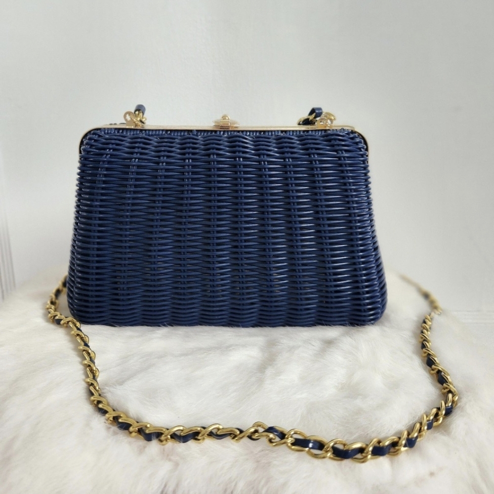Navy Blue Woven Crossbody Bag with Gold Chain